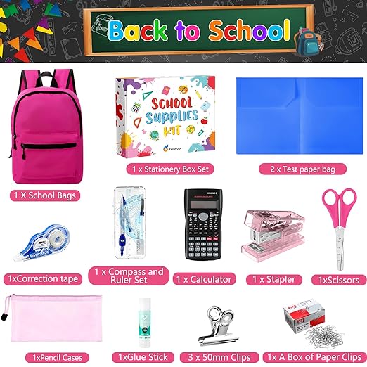 Gilprop 126 Pcs Christmas Middle High School Supplies Kit with Backpack for Student 7-12 Grades, School Supplies Bulk Bundle Essential Notebook Calculator for Xmas Holiday Gifts(Hot Pink)