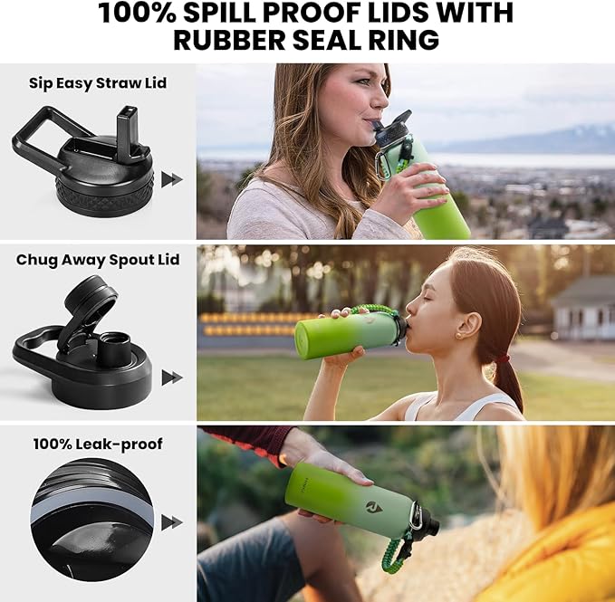 RAYMYLO Insulated Water Bottle 40 oz, Triple Wall Vacuum Stainless Steel (Cold for 36Hrs, Hot for 18Hrs), Leak Proof & Non-BPA, Modern Water Flask Jug with Paracord Handle & Straw Spout Lids