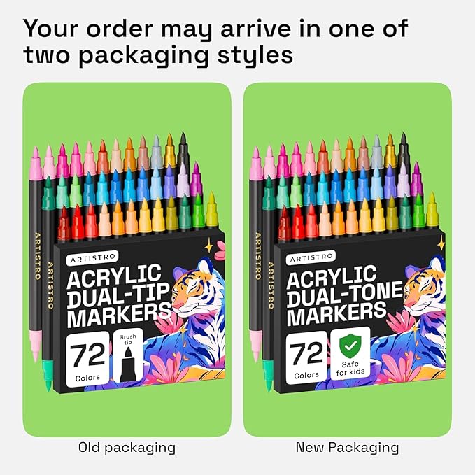 ARTISTRO Paint Markers 48 Colors - Acrylic Pens for Rock, Glass, Fabric, DIY - Art Supplies - 24 Dual Brush Tip Markers
