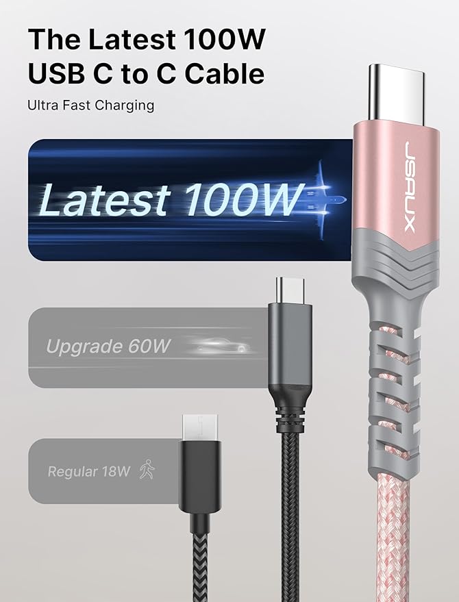 JSAUX 3-Pack USB C to USB C Cable 100W [10ft/6.6ft/3.3ft] Compatible with iPhone 17 Air 16 15 Pro Max Samsung Galaxy S25 S24 CarPlay iPad Pro, Type C to C Charger Cable Fast Charging - Pink