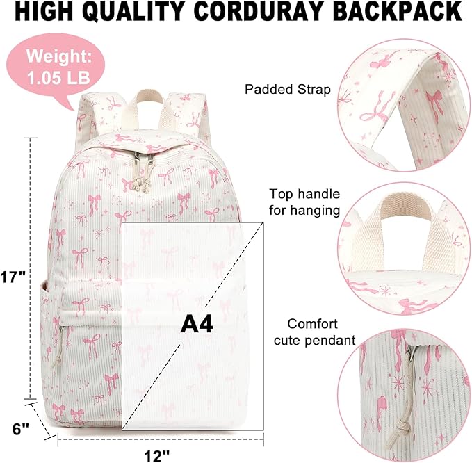 BTOOP School Backpack for Teens Large Corduroy Bookbag Lightweight 15.6 inch Laptop Bag for Girls Women Casual High School College