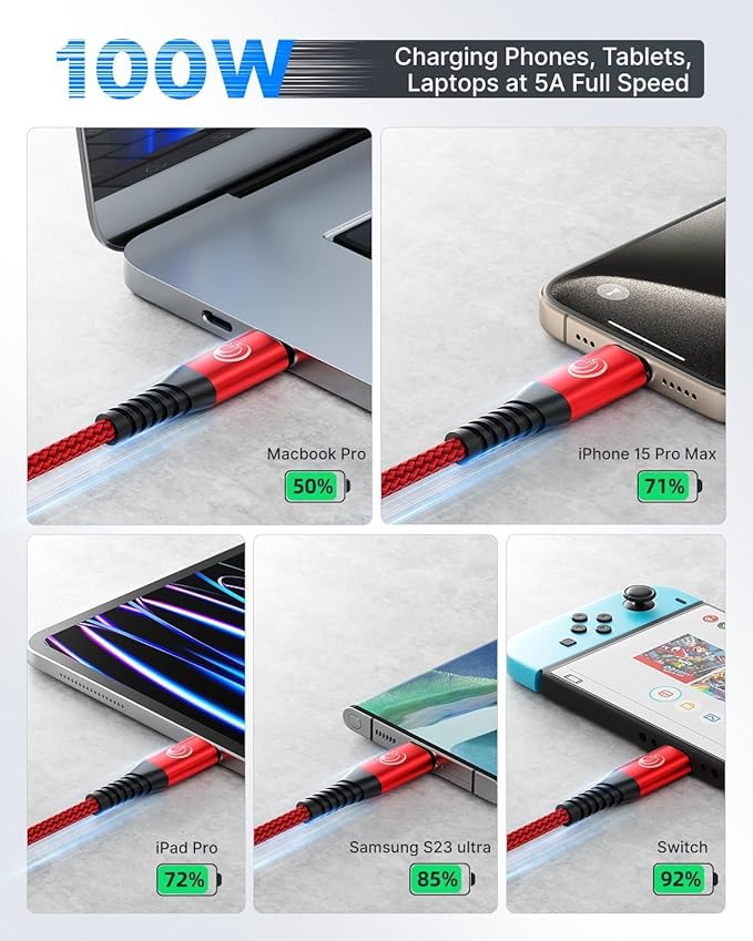 USBC to USBC 100W [3ft/2 Pack] USB C to USB C Fast Charging Cable Braided C to C Charger Cord 5A for MacBook Pro/Air, iPhone 16 15 Pro Max Plus,iPad Pro,Samsung Galaxy S24 Ultra S23,Pixel,PS5,Switch