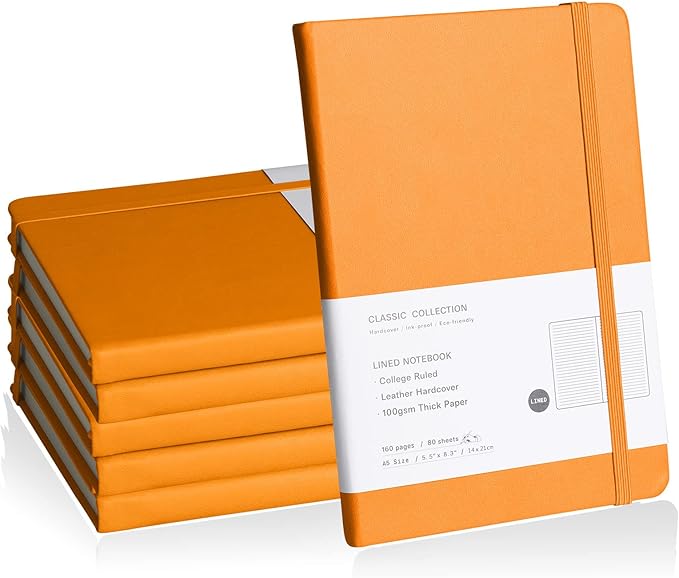 Lined Journal Notebook, 6Pack Hardcover Notebook for Men & Women – Journals for Writing, Work, School, Home & Daily Notes, 160 Pages – Medium A5, 5.7"x8", 100 gsm Thick Paper (Orange)