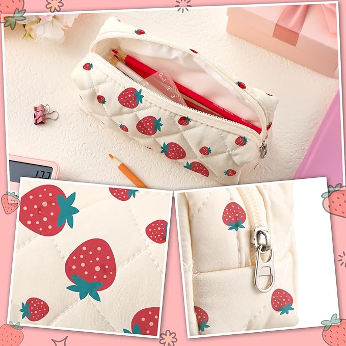 Sherr Strawberry Pencil Case Cute Fruits Pencil Pouch Soft Cotton Quilted Storage Bag Aesthetic Pattern Gift Makeup Pouch Cosmetic Travel Bag for Women