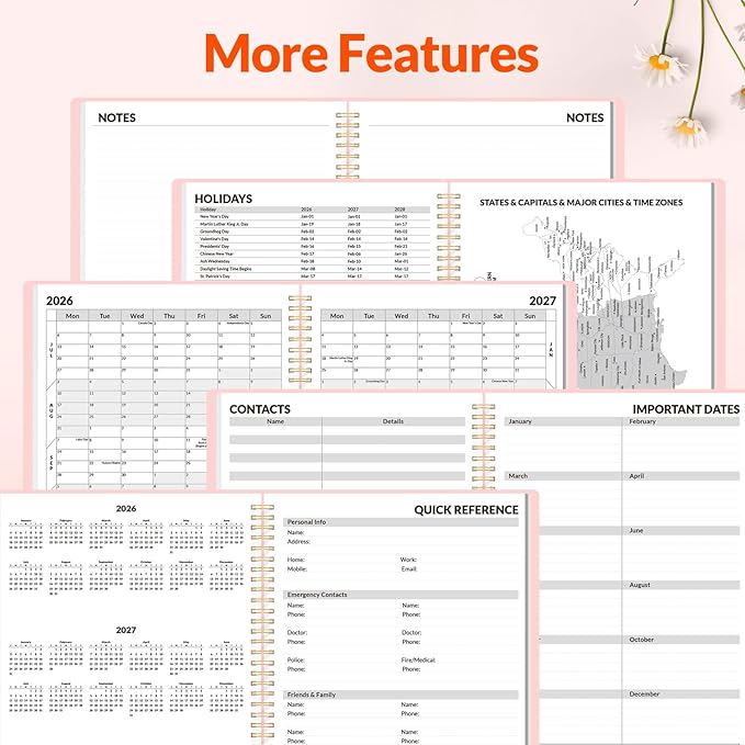 SUNEE Academic Planner 2026-2027 – Weekly & Monthly Planner, July 2026 to June 2027, 8.5"x11", Thick Paper, Tabs, Pockets, Bookmark, Spiral-Bound, Student Teacher Organizer, Pink
