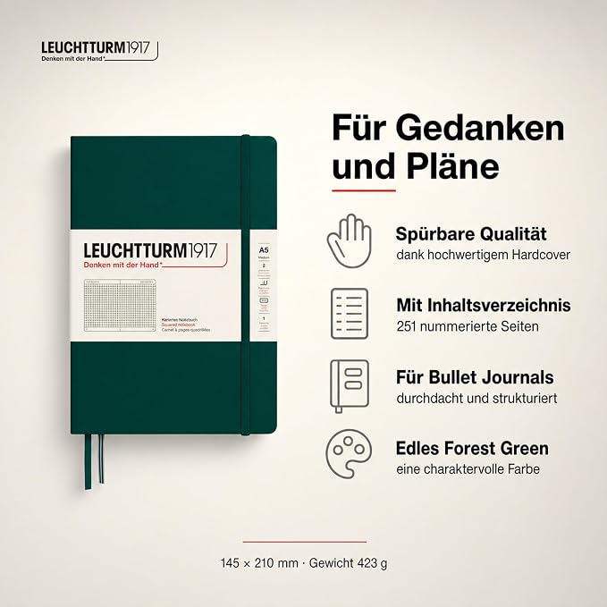 LEUCHTTURM1917 - Notebook Hardcover Medium A5-251 Numbered Pages for Writing and Journaling (Forest Green, Squared)
