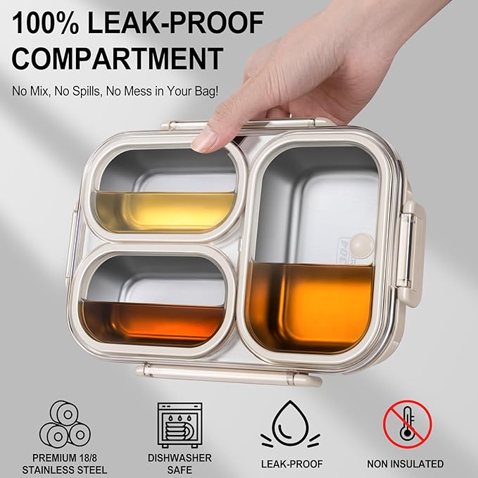 Stainless Steel Lunch Box for Kids & Adults - 25 oz - Leakproof 3 Compartment Metal Lunch Container - 18/8 Stainless Steel Bento Box - Ideal for School, Office & Outdoor - Dishwasher Safe (Cream)