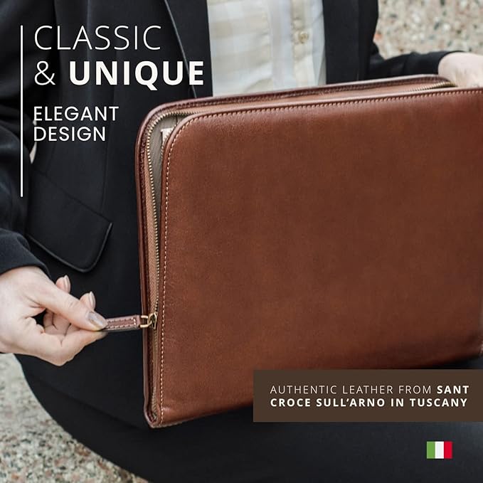 Premium Maruse Leather Portfolio Padfolio - Executive Folio for Men and Women with Zipper, Folio Document Organizer, Laptop Sleeve, iPad Case and Folder - Made in Italy, Brown