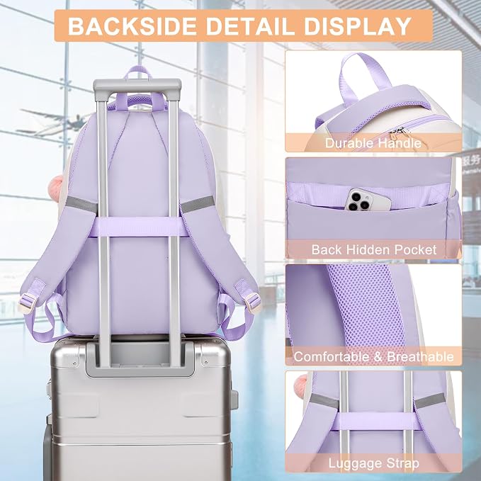 School Backpack for Teen Girls & Women, Lightweight Waterproof 15.6 Inch Laptop Backpack, High School College Travel Bookbag with Ergonomic Design, Light Purple