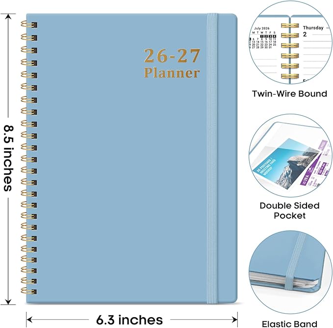 Planner 2026-2027, 6.3" x 8.5" Weekly and Monthly Academic Year Planner Calendar, July 2026 - June 2027, Hardcover Large School Planning Agenda With Tabs, Perfect for School & Office Supplies, A5, Baby Blue