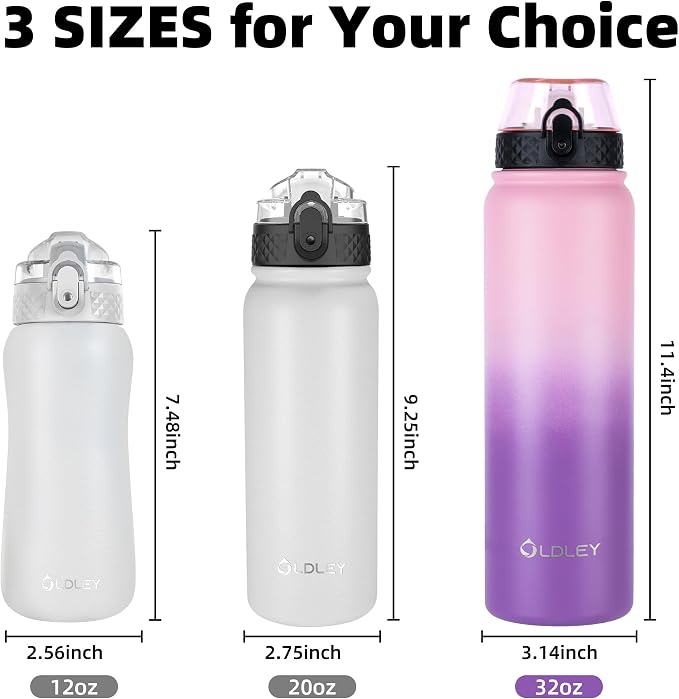 Oldley Insulated Water Bottle 32oz Water Bottles with Straw, Stainless Steel Water Bottle with 3 Lids, Double Wall Vacuum Bottles for Adult Kids, Sports Bottles for School Travel,Ombre Pink-Purple