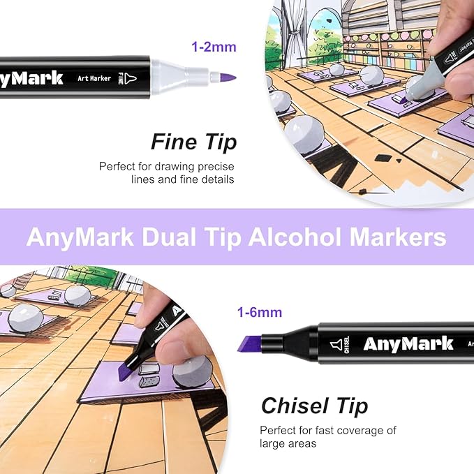 AnyMark Alcohol Markers, 168 Colors Dual Tip Art Coloring Markers Set for Adult Book Drawing Sketching Painting, Chisel & Fine, Black Penholder