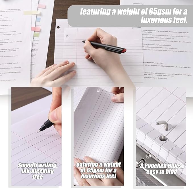 HIBOX 100 Sheets Loose Leaf Paper, 8 x 10-1/2 Inch, 3 Hole Punched Wide Ruled White Filler Notebook Paper for 3 Ring Binders, Ideal for School Notes, Organizing Classwork, School Supplies