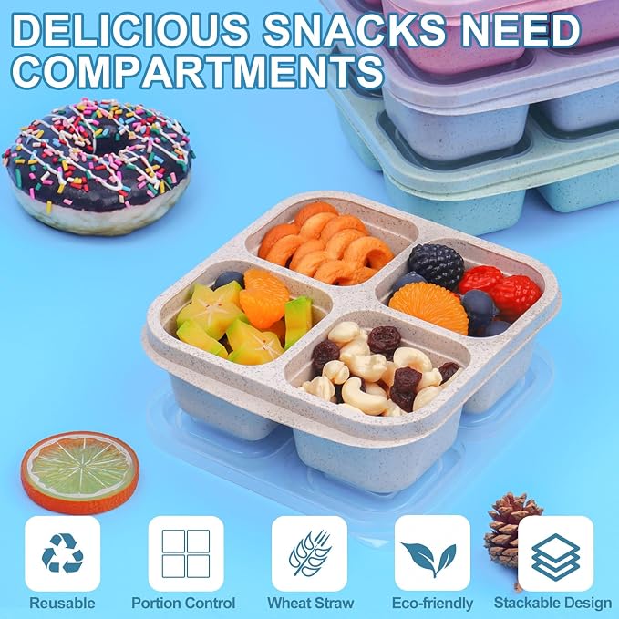 4 Pack Snack Containers with Lids, 4 Compartments, 2-Cup Capacity, BPA Free | Reusable, Snug Lids Retain Freshness, Microwave & Dishwasher Safe for Work, Travel and Picnic Meal Prep