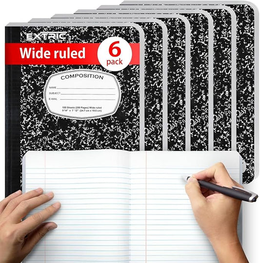 EXTRIC Composition Notebook Wide Ruled – 6 Pack Bulk Wide Ruled Notebooks for School, 200 Pages (100 Sheets) No Bleed Composition Book Black Marble 9.75 x 7.5 in