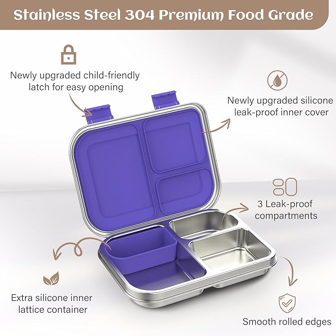 BABHAMNESS Stainless Steel Bento Box Kids, 3 Compartments Leak Proof Metal Bento Lunch Box, 304 Stainless Steel Bento Lunch Containers for School and Office,Dishwasher Safe, BPA-Free-Purple