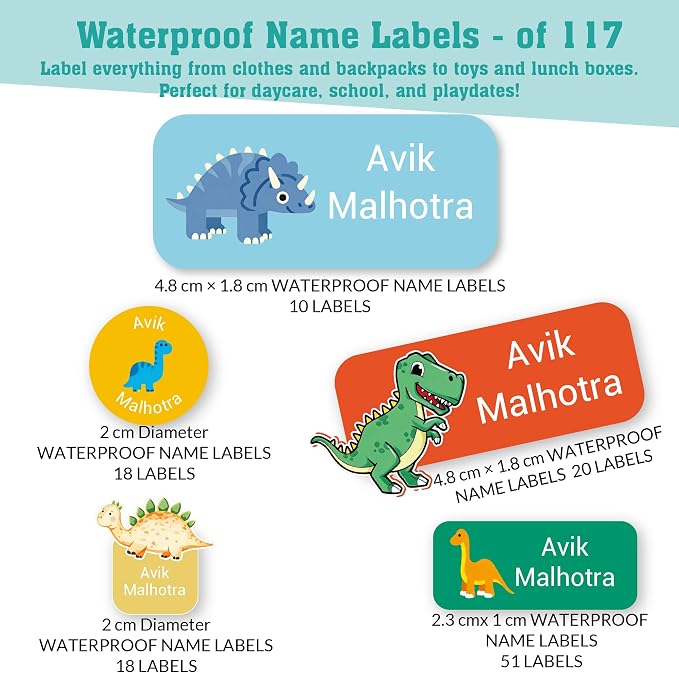 Personalized Daycare Name Labels for Kids (117 Labels) - Custom Durable Waterproof Name Stickers for Clothing Tags, Water Bottles, Lunch Boxes, and School Supplies - Dishwasher, Washer