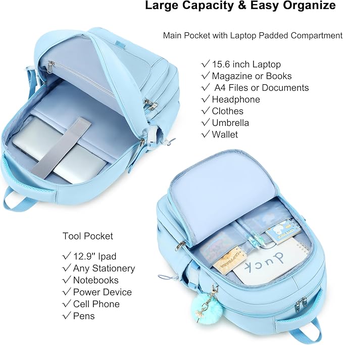 School Bag for Teens Girls,Girls Backpack,3 PCS Backpack for Girl, 15.6 Inch Laptop with Lunch Box Pencil Pouch Set (Blue)