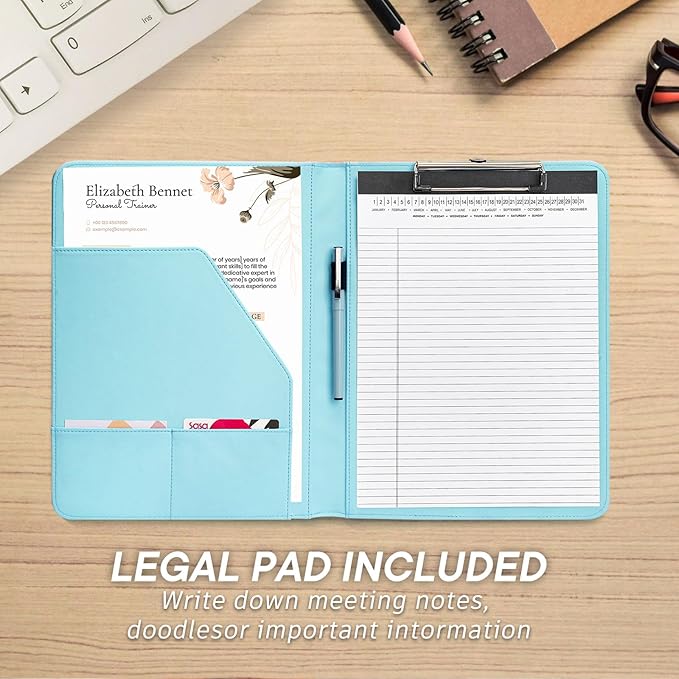 Professional Padfolio with Clipboard, Faux Leather Portfolio Folder Binder, 8.5 x 11 Legal Pad Holder for A4 Letter Size Notepad, Writing Pad, Ideal Organizer for Business Office Conference, Blue