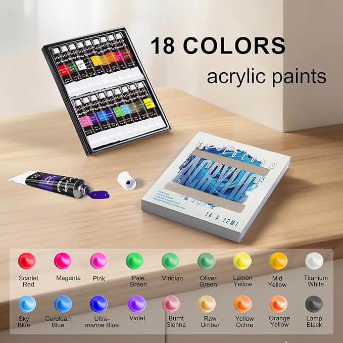 Acrylic Paint Set for Kids & Adults, Art Painting Supplies Kit with 18 Acrylic Paints, Paint Brushes, Canvas, Easel