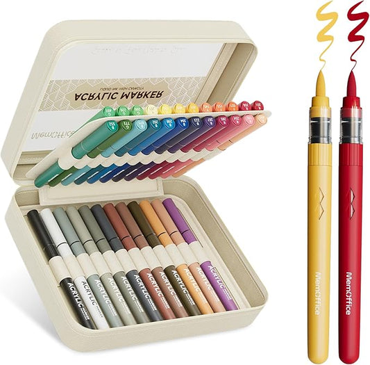 MemOffice Direct Liquid Acrylic Paint Markers, 36 Colors Brush Tip Pens with Carrying Case, No Bleed, Waterproof, for Rock, Wood, Canvas, Glass, Fabric, DIY Crafts for Adults