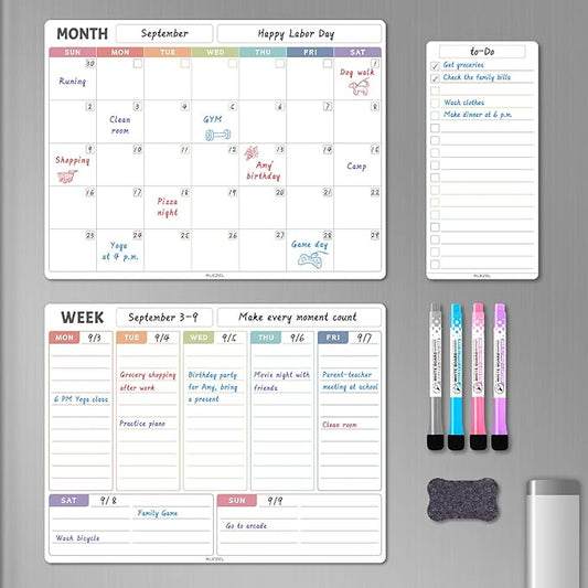 ALEZEL Magnetic Dry Erase Refrigerator Calendar, Dry Erase Calendar White Board Set for Fridge - Magnetic Monthly & Weekly Planner with List Board, 4 Markers + Eraser