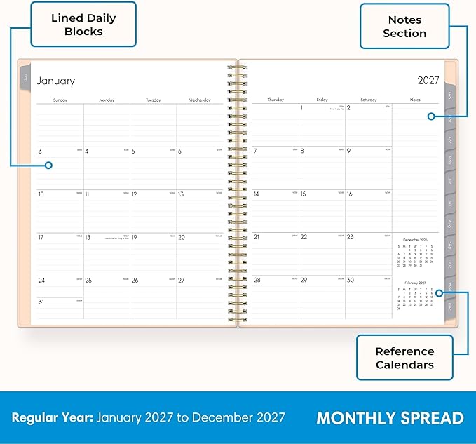 Blue Sky 2027 Weekly and Monthly Planner Calendar, Includes January 2027 - December 2027, 8.5" x 11", Flexible Cover, Wirebound, Laminated Tabs, Storage Pocket, Enterprise Blush Pink