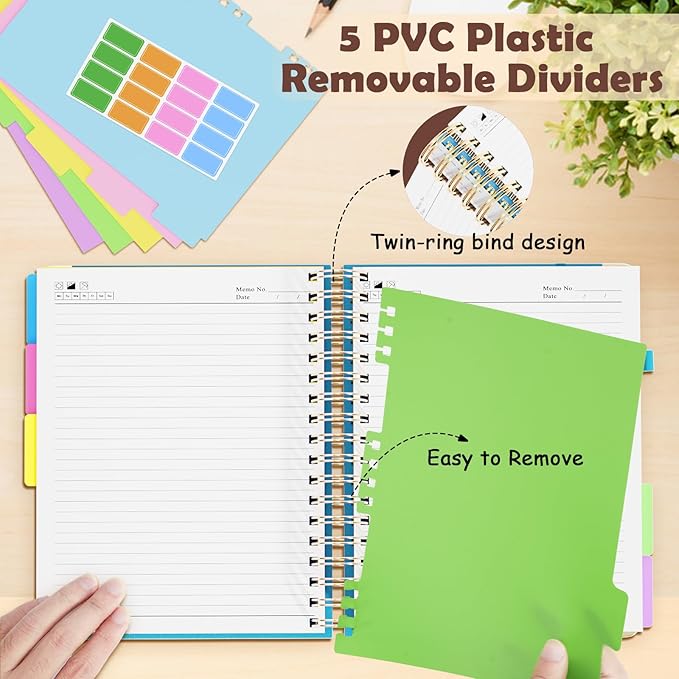 QIYVLOS Hardcover Spiral Notebook, B5 Journal with Removable Dividers Tabs, 5 Subject Notebook College Ruled, 320 Pages 8"x10" Leather Notebooks for Work School Study, Lined Journal for Women, Blue