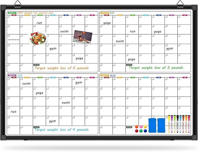 4 Month Dry Erase Calendar for Wall 36" x 24", Magnetic Calendar Whiteboard with Black Aluminum Frame, Magnetic White Board Calendars for Office Home and School