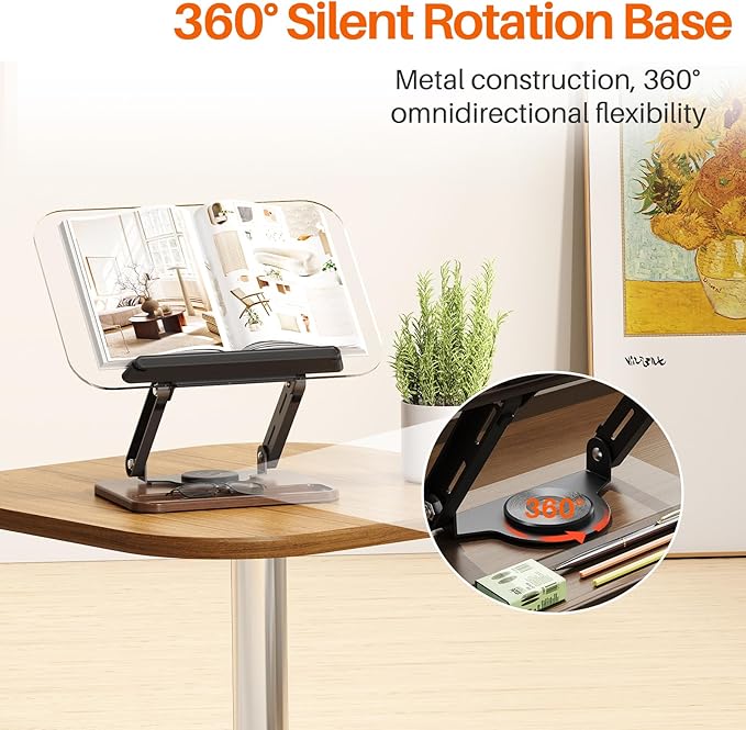 BYMECOST Acrylic Book Stand for Reading, 360°Rotating Book Holder with Pen Slot, Adjustable Height and Angle, Elastic Clips for Cookbook Stand, Foldable Desktop Riser for Laptop,Tablet,Recipe,Magazine