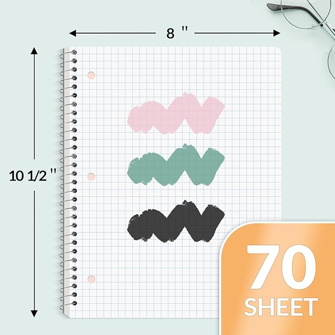 SUNEE Spiral Notebook, 1-Subject, Graph Ruled Paper, 8" x 10-1/2", 70 Sheets, 5 Squares per inch Spiral Grid Notebooks for Work, Home, School, Writing, Green