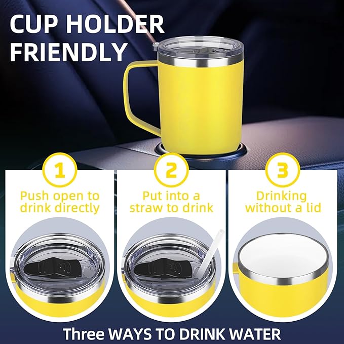20 oz Insulated Coffee Mug with Ceramic Coating, Stainless Steel Travel Mug Tumbler with Handle Lid and Straw, Double Wall Leak-Proof Coffee Travel Mug Keeps Drink Hot and Cold (Yellow)