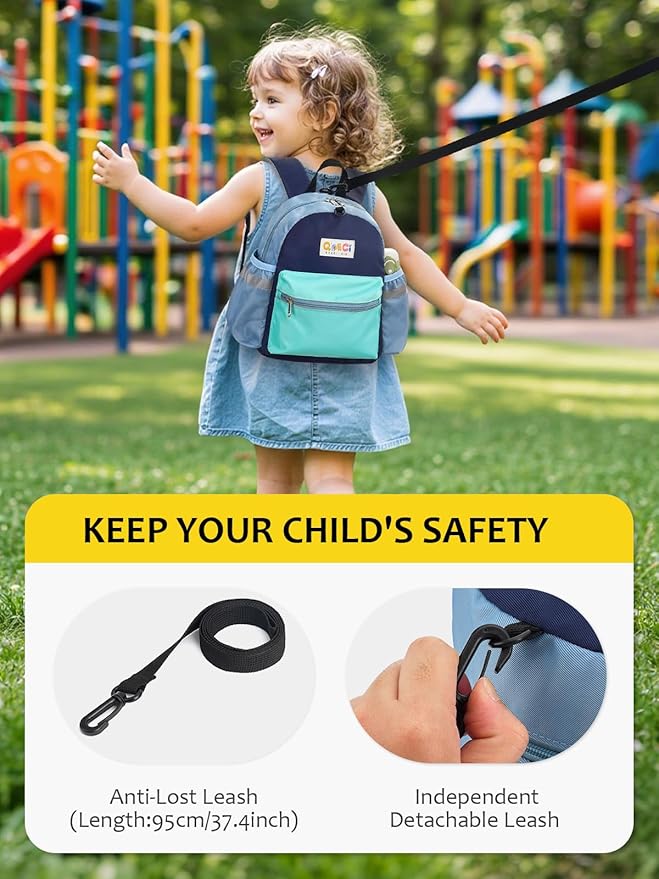 Toddler Backpack with Leash for Boys Girls Kids Kindergarten Nursery, 11” Baby Leash Backpack with Reflective, Toddler Bookbag with Anti-Lost Harness for Walking, Mint Blue