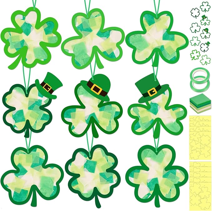 40PCS St. Patricks Day Crafts Bulk: Paper Shamrock Suncatchers, Saint Patrick's DIY Kits, Window Stained Glass Effect Art Supplies(Green)