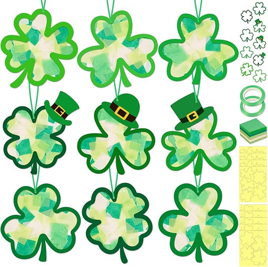 40PCS St. Patricks Day Crafts Bulk: Paper Shamrock Suncatchers, Saint Patrick's DIY Kits, Window Stained Glass Effect Art Supplies(Green)