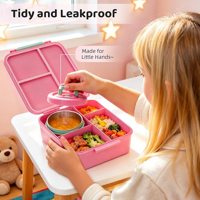 Kids Bento Lunch Box with 12oz Insulated Food Jar, 4-Compartment Lunch Box | Leak-Proof Bento Box for Hot & Cold Food, Easy-Open School Lunch Container for Toddlers Boys & Girls