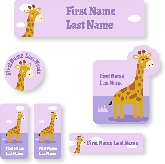 Personalized Kids Name Labels – Waterproof Custom Stickers for Daycare & School, Dishwasher & Laundry Safe (Giraffe - Purple)