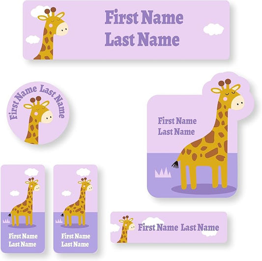 Personalized Kids Name Labels – Waterproof Custom Stickers for Daycare & School, Dishwasher & Laundry Safe (Giraffe - Purple)