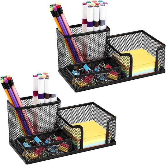 2-Piece Desk Pen & Pencil Organizer - Mesh Metal Pen Cup with Sticky Notes Holder, Black | Pen Cup