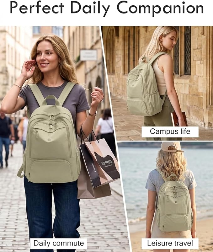 Foldable Backpack for Women, Lightweight Travel Backpack Purse Khaki | with Luggage Strap, Packable Causal Daypack, Chic Bookbag, Water-Resistant Gym School Backpack for Travel College Daily Use
