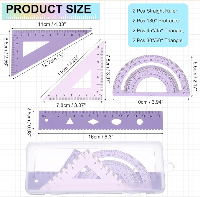 PATIKIL Geometry Set, 2 Pack 6 Inch Aluminum Ruler & 4 Triangles, Metal Protractor Ruler Math Drafting Measuring Tool for Home Office Math Drawing Engineering Art,Gradient Purple