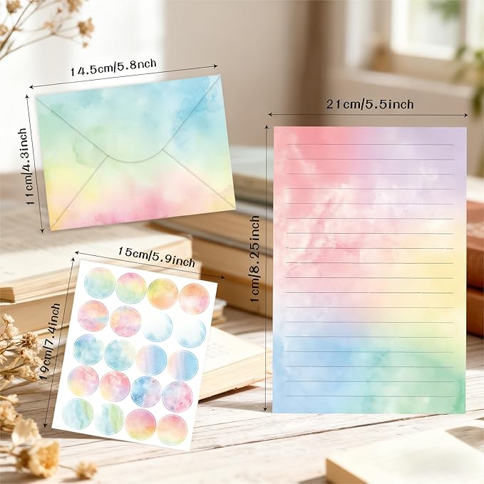 160 Pcs Stationery Writing Paper with Envelopes, 50 Double Sided Stationery Papers with 50 Matching Envelopes and 60 Round Dot Sticker, 10 Unique Designs