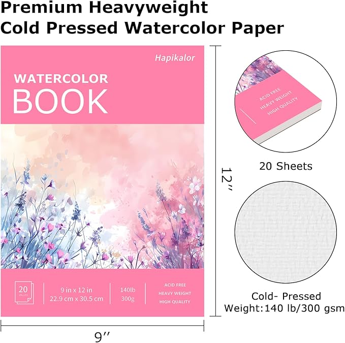 Watercolor Paper Pad 9x12, 140lb/300gsm Cold Press Drawing Paper, 20 Sheets Acid-Free Artist Sketchbook for Wet Media, Gouache & Acrylic, Double Sided Painting Paper (Pink Cover)