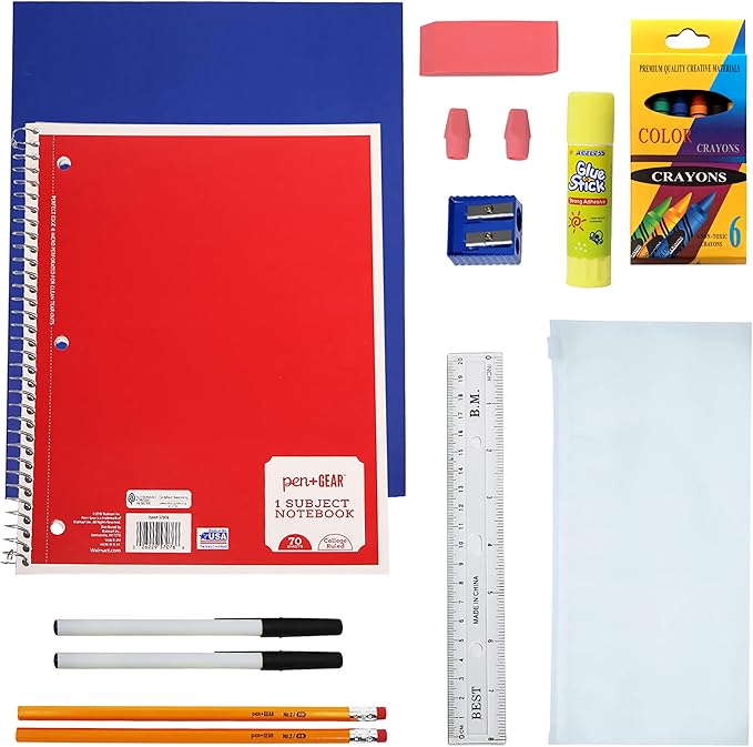 18 Piece Bulk School Supplies Kit for K-12 - Essential Box of School Supplies for Elementary, Middle, and High School Students - Pens, Pencils, Crayons