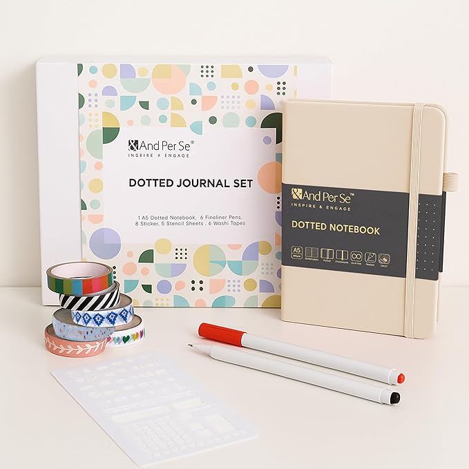 &And Per Se Dotted Journal Supplies – Journal Kit with Dotted Notebook, Stencils, Stickers, Washi Tapes & Colored Pens for Beginners (Light Apricot)