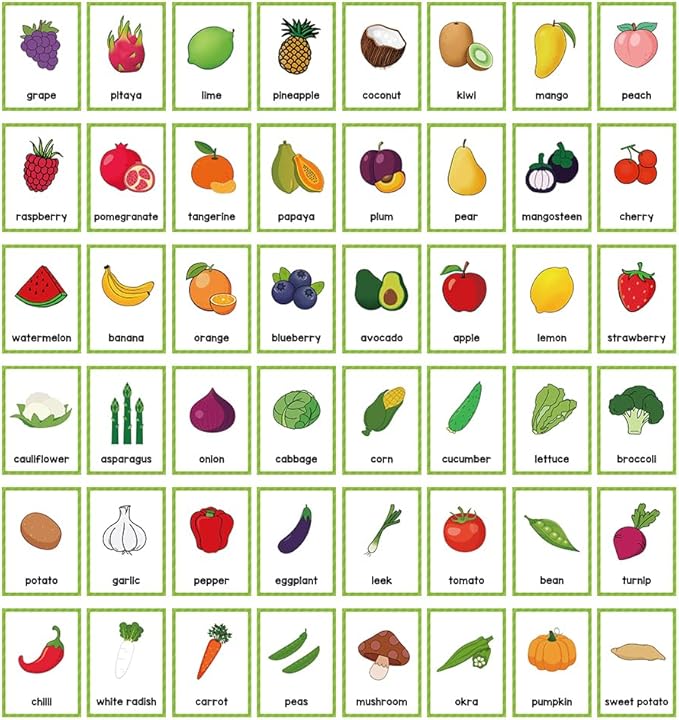 Lachilly Fruits and Vegetables Learning Flashcards, High Frequency Words, Beginning Reading, Kindergarten, ESL Teaching Materials, Autism Learning Materials, Vocabulary Building, 25 Cards, 48 Words