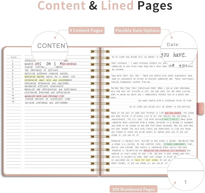 EMSHOI B5 College Ruled Spiral Notebook, Thick 300 Numbered Pages, 100GSM Ink-Proof PU Leather Hardcover Lay-Flat Lined Journal for Work Office School Writing, 7.48"x10.15", Rose Gold