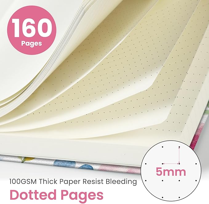 Taja Pretty Dotted Journal for Women, Aesthetic Cute Hardcover Leather Journal for Writing, A5 Journaling Notebook for Work & Sketch, Perfect for Office School Home, 160 Pages, Bloom Floral