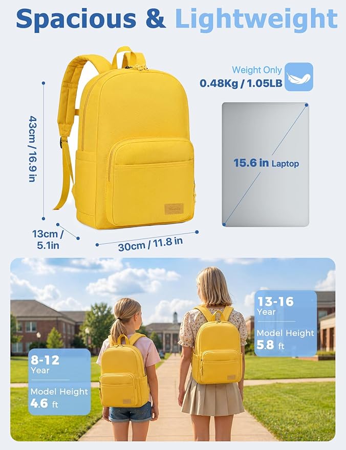 VASCHY School Backpacks, Lightweight Bookbag Schoolbag for Boys Girls Casual Basic Simple Daypack for Women Yellow