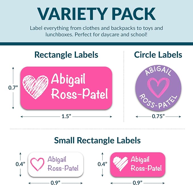 Personalized Waterproof Name Labels for Kids | Optional Packs 50, 150, 230 Labels | Custom Name Stickers for Kids' Clothing Tag, Water Bottle, Lunch Box, Customize Kid Name Label for Daycare Hearts